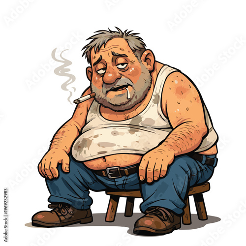 A vector illustration of an overweight elderly man sitting and smoking, looking tired and unwell, representing an unhealthy lifestyle and the negative effects of smoking habits.