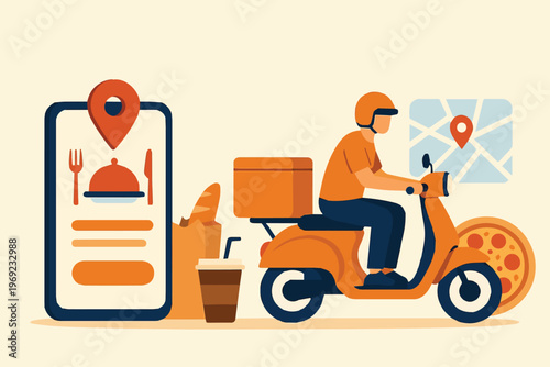 A clean vector illustration showing a large smartphone ordering food online, with a courier standing nearby, highlighting quick delivery and modern digital food services.
