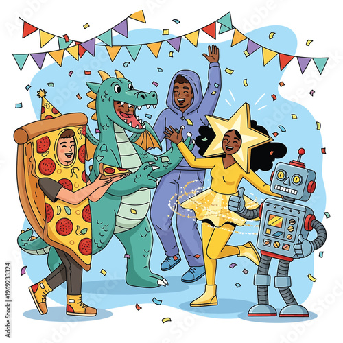 People Wearing Fun Costumes Dancing Together.