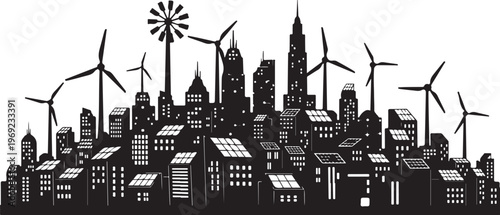 Sustainable cityscape with wind turbines and skyscrapers illustration design