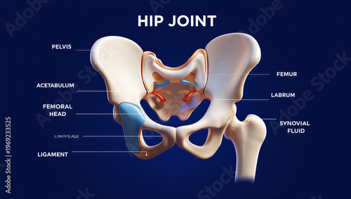Detailed anatomy of human hip joint with labeled parts and bones structure
