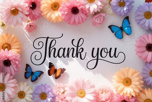 A colorful floral arrangement with butterflies and a thank you message