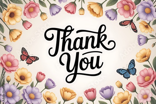A colorful floral design with butterflies and the words 'Thank You' in elegant cursive script