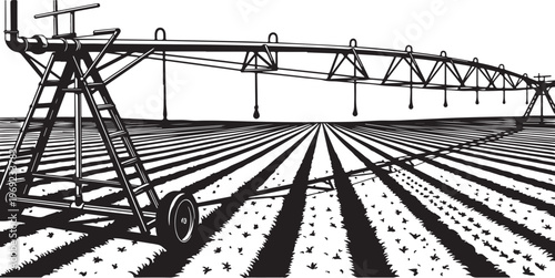 Agricultural irrigation system in a vast field landscape drawing