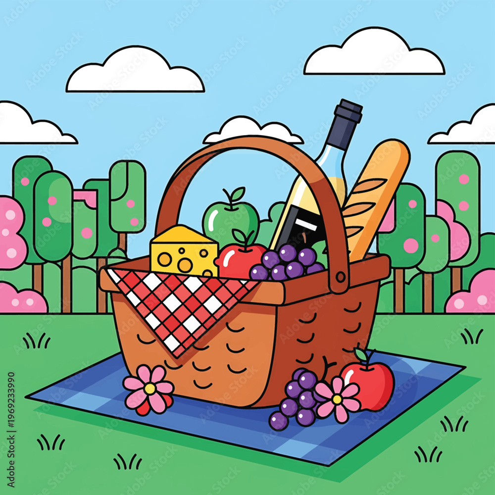 Fototapeta premium Picnic basket with food and wine.