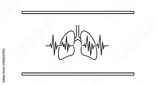 Abstract line art illustration of human respiratory system with integrated heartbeat rhythm