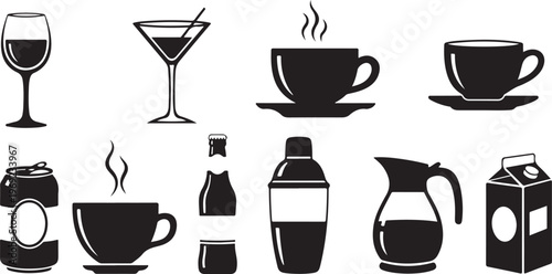 Black and white icons of food and drink items