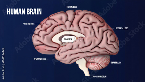 Detailed illustration of human brain with labeled parts anatomy
