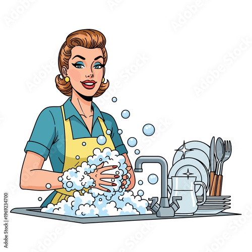 Retro Woman Washing Dishes With Soap Suds In Kitchen Sink, Comic Style Illustration