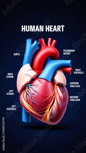 Detailed illustration of human heart anatomy with labeled parts