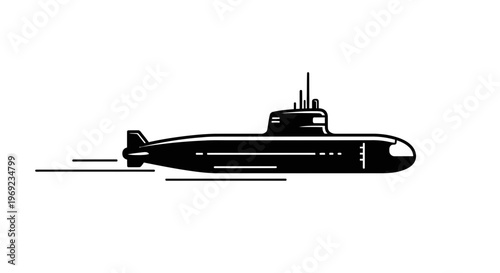 Dynamic illustration of a black submarine vector icon, portraying a stealthy vessel navigating