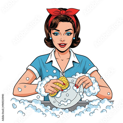 Retro Woman Washing Dishes with Sponge and Suds, Pop Art Style