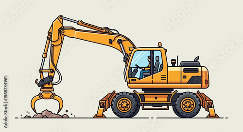 Wheeled excavator with grapple arm in industrial construction style