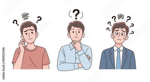 Confused people set with question marks and worried expressions