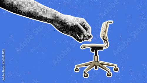 A hand reaches down towards a miniature office chair