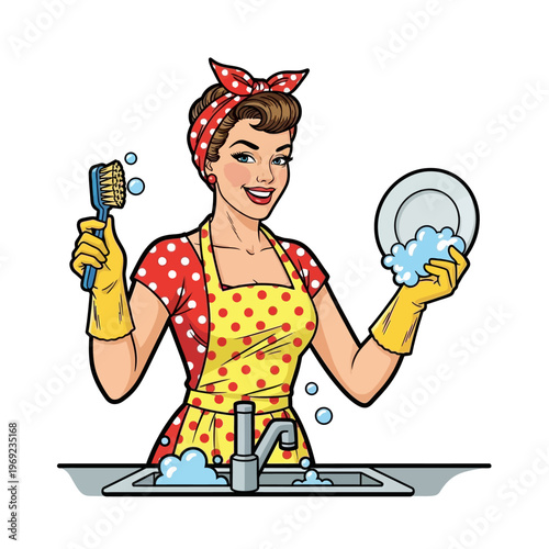 Retro Woman Washing Dishes, Pin-up Style, Kitchen Cleaning, Vintage Art