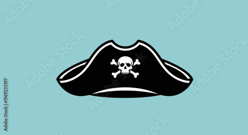 An illustration of a pirate hat with a skull and crossbones on a blue background