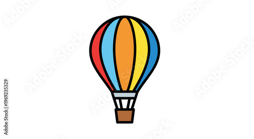A colorful hot air balloon floats gently in the sky with vibrant stripes.