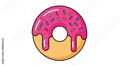 A pink frosted donut with colorful sprinkles on top is displayed.