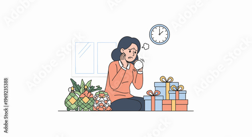 Mother with baby and groceries indoors.