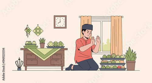 Person kneeling in prayer indoors with plants.