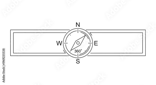 Navigation Direction Indicator with Compass Rose and Full Rotation Degrees in Line Art Graphic