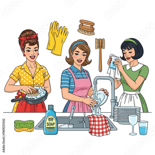 Retro Women Washing Dishes, Vintage Style Housework, Household Chores, 1950s Clean Home