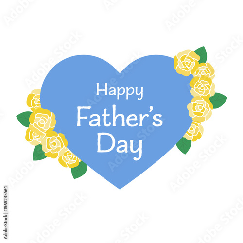 青いハートと黄色いバラの装飾フレーム 父の日向けフラワーデザイン素材