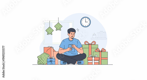 Person meditating surrounded by gifts in a celebration setting.