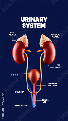Detailed illustration of the human urinary system anatomy with labeled parts