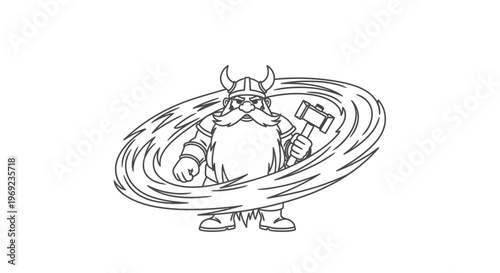 Mighty bearded warrior in a horned helmet wielding a hammer within a swirling energetic vortex