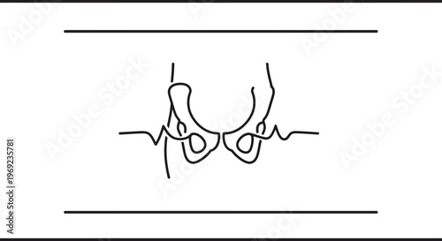 Minimalist black and white outline depicting human pelvic structure with an integrated heartbeat