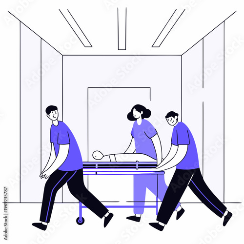 Medical Team Emergency Response in Hospital Corridor. Medical team rushing patient on gurney through bright hospital corridor in emergency response
