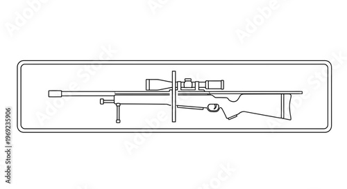 Monochrome line art illustration of a long-range precision tactical rifle with scope and bipod in