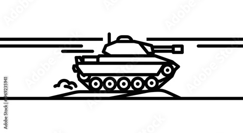 Dynamic military tank illustration showcasing rapid movement and power in a minimalist black line