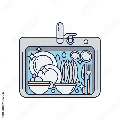 Clean dishes, plates, bowls, and cutlery in kitchen sink with running water and sparkling effect