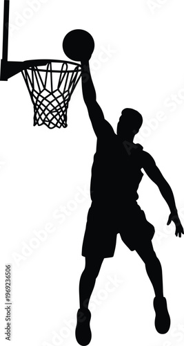 Black silhouette illustration of basketball player performing slam dunk with hoop, net, and backboard, symbolizing sports artwork, athletic design, dynamic creativity, and competitive projects