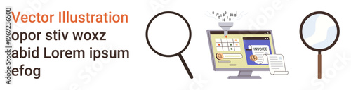 Fraud prevention, cybersecurity, document verification, online transactions, payment security, financial analysis. Magnifying glasses inspecting an invoice on a computer screen. Fraud prevention