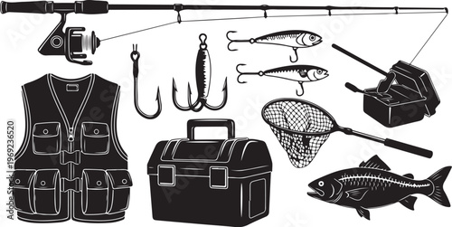 Fishing gear and equipment illustration in black and white