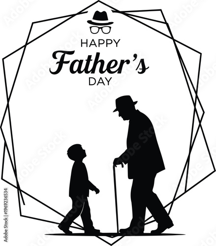 Happy Father's Day greeting card design featuring a black silhouette of a grandfather and grandson. The young boy looks up at the elderly man with a cane, symbolizing intergenerational connection.