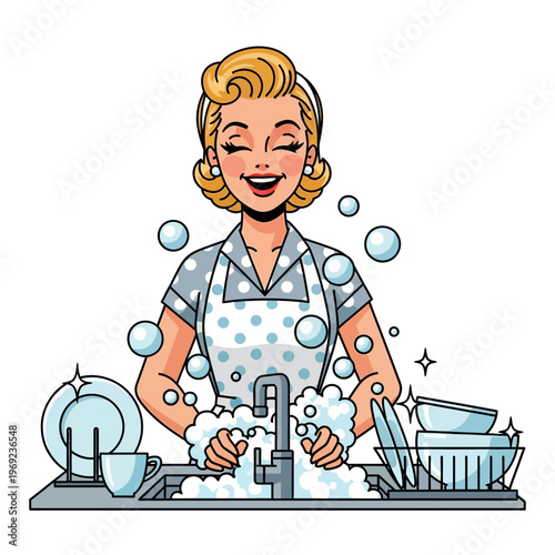Happy Retro Woman Washing Dishes in Kitchen Sink with Soap Suds