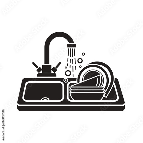 Kitchen Sink Icon: Water Running, Dishes Washing, Bubbles, Simple Line Art Illustration