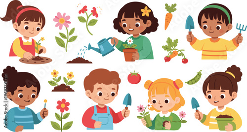 Kids Gardening Activity Vector Illustration Featuring Children Planting Flowers, Watering Plants, Growing Vegetables, and Learning Nature Care in Cute Cartoon Style