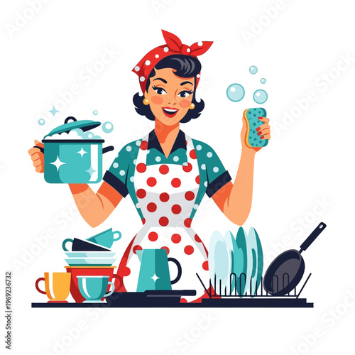 Retro Housewife Washing Dishes, Vintage Style Woman in Apron with Pots and Pans, Bubbles