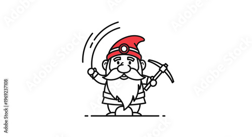 Whimsical illustration of a diligent little bearded miner with a bright red hat