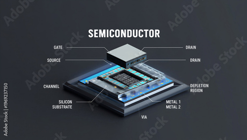 Detailed diagram of a semiconductor device with labeled components and layers