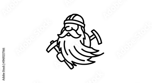 Illustrative line art of an industrious bearded miner character with tools and a hardhat