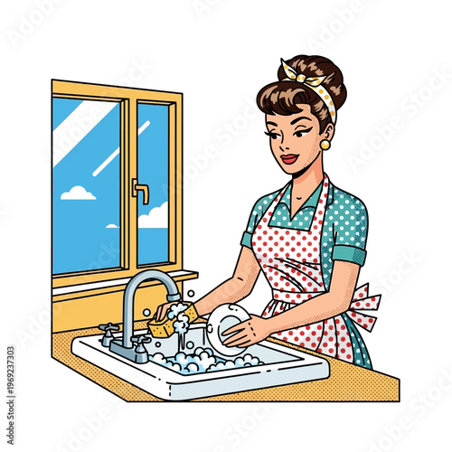 Retro Woman Washing Dishes in Kitchen Sink, Pop Art Style