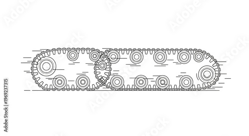 Dynamic line art illustration of a moving continuous track mechanism with drive wheels and rollers
