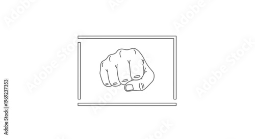 Bold line art depiction of a human fist within a simple rectangular border conveying power and